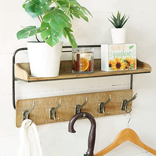 Putuo Decor Perchero rústico con estante, perchero de madera maciza de 20.7 pulgadas montado en la pared, estante flotante de entrada con 5 ganchos de metal Cover