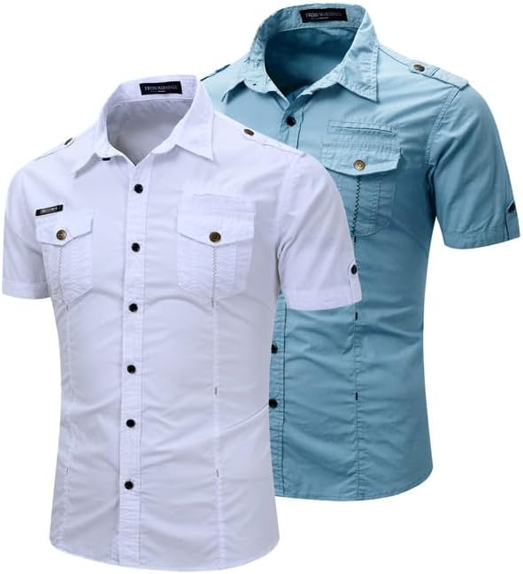 2 Pack Men's Short Sleeve Cargo Tactical Shirts