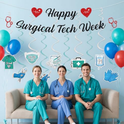 Image of 12PCS Happy Surgical Tech Week Banner Hanging Swirls Decorations | surgical tech week decor set, 2 banners 10 hanging swirls, theme, easy hanging, medical appreciation party supplies