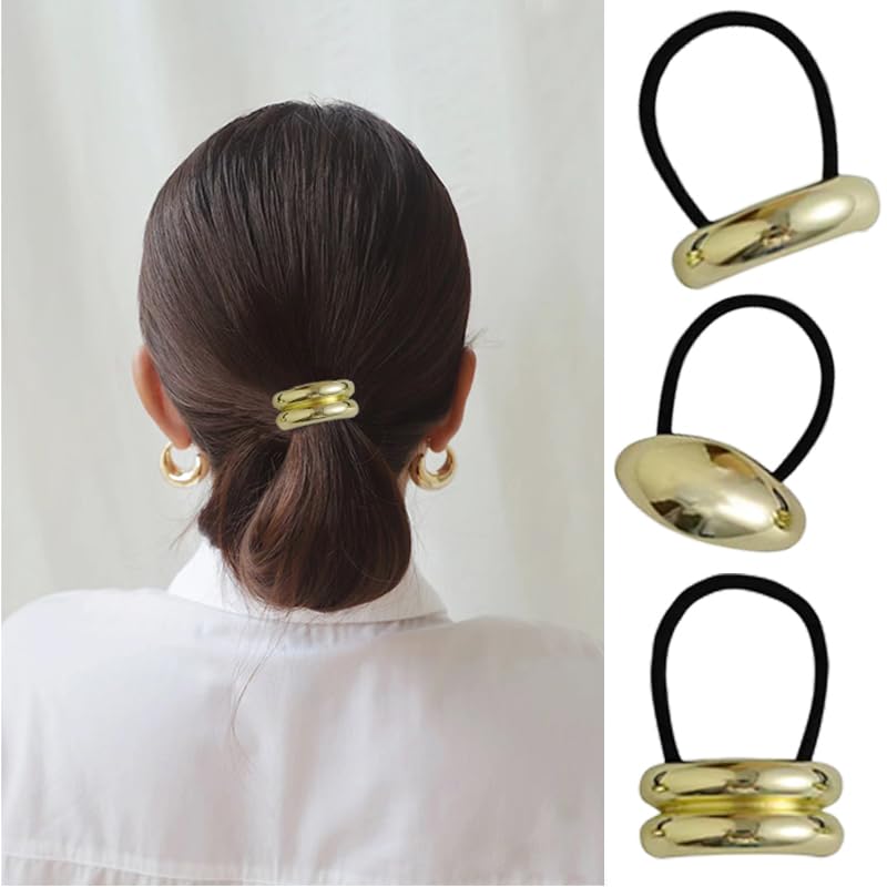 Metal Ponytails Hair Cuffs,Gold Hair Ties Metal Geometric Glossy Arch Elastic PonytailHair Ties Hair Accessories Christmas Gifts for Women (3-Gold)