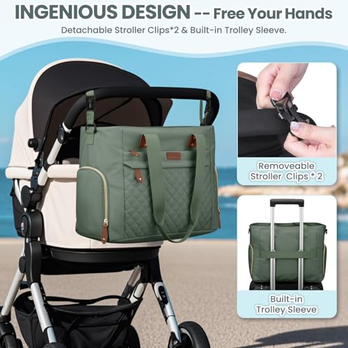 Image of Pritent Diaper Bag Tote for Working Mom, Large Travel Diaper Tote for Mom and Dad with 14 Inch Laptop Sleeve, Mommy Maternity Travel Baby Bag for Boys and Girls, Green