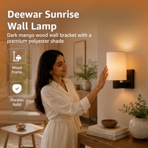 Image of Amazon Basics Deewar Sunrise Wall Lamp | Mango Wood Wall Bracket with Polyester Shade | E14 Holder | Decorative Wall Light for Bedroom, Living Room, Hallway & Home Decor