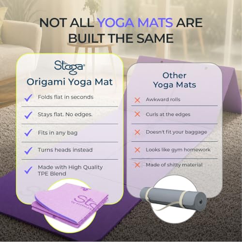 Image of Stoga Origami Foldable 6mm Yoga Mat | Non-Slip | Mat for Men & Women | Lightweight, Sweat-Resistant, Eco-Friendly TPE Mats with Carry Strap | Best Yoga Mat for Home, Travel & Gym (Purple)