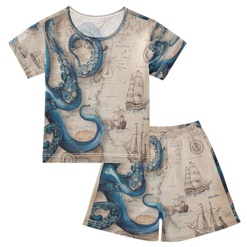 ALAZA Nautical Map Blue Octopus Watercolor Pajamas Set Short Sleeve Cotton Sleepwear Summer Pjs 2 Piece 5-14Y