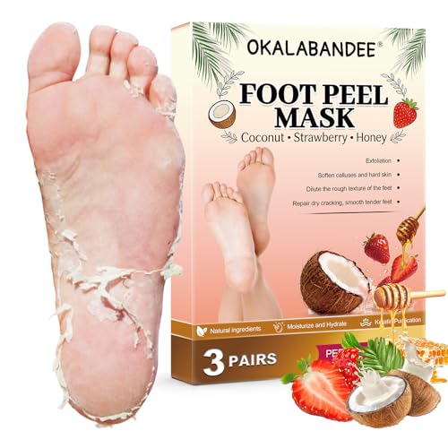 3 Pares Mascarilla Pies Peeling, Calcetines Exfoliantes Combo, Hidrata Talones Agrietados, Pies Suaves y Renovados, Pedicura Profesional (Coco/Fresa/Miel)
