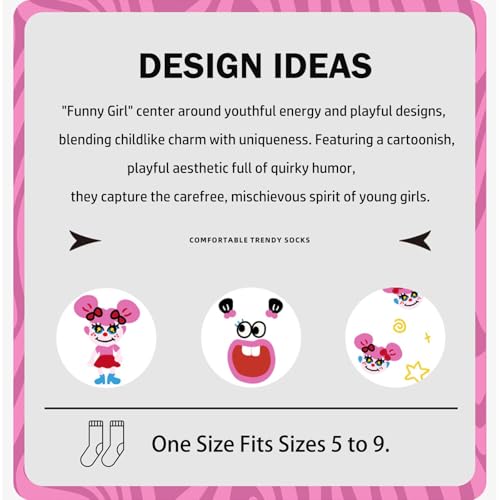 Image of Girls' Lightweight Thin Mesh Cartoon Ankle Socks - Fun Prints, Colorful Breathable Design with Snug Comfort Fit (3 Pairs, Funny Girl)