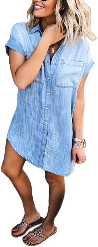 Women's Loose Denim Blouse Mini Dress Button Down Lapel Short Sleeve T-Shirt Dress Tops with Pockets