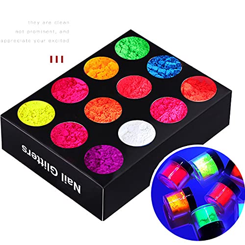 12 Color Pigment Nail Powder,Colorful Fluorescent Nail Pigments Dust Ultrafine Luminous Powder Nail Iridescent Glitter 3D Diy Nail Art Decoration #TOP6