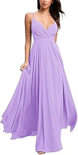 Women's V-Neck Long Spaghetti Chiffon Ruched Prom Gowns...