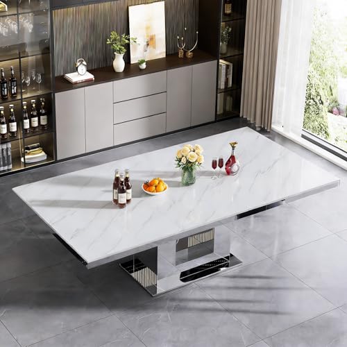 Image of 7-Piece Extendable Dining Table Set for 6, Modern 63 inch-94 inch White Faux Marble Expandable Kitchen Table Set with 6 Velvet Chairs, Large Extendable Dining Room Tables with Mirrored U-Shape Base
