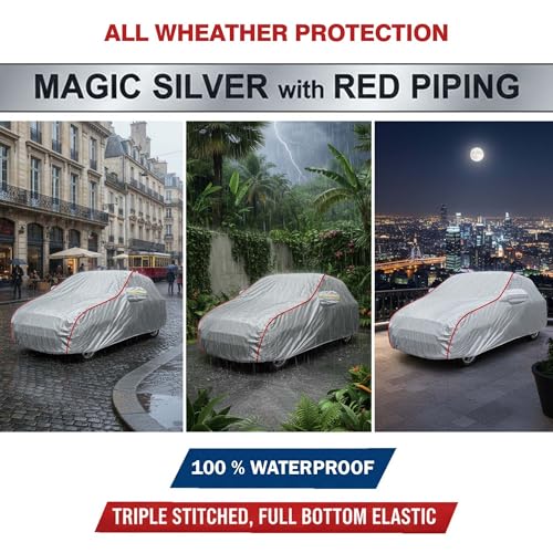 Image of Sulfar 100% Waterproof Car Body Cover Compatible with Mirror for Mahindra XUV 400 (Triple Stitched, Full Bottom Elastic, Magic Silver with Red Piping)