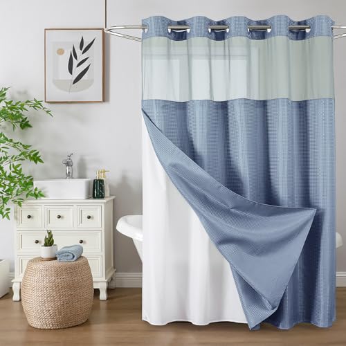 No Hook Shower Curtain with Snap in Fabric Liner, Waffle Weave He...