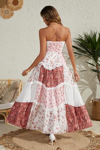 Image of Women Floral Maxi Dress Spaghetti Straps V Neck Lace Patchwork Flowy Tiered Boho Beach Sundress Long Dresses