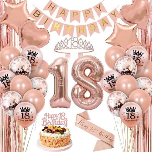 Dncvb Deko 18. Geburtstag Mädchen 18 Geburtstagsdeko Luftballons Rose Gold 18 Geburtstag Deko mit Geburtstag Krone und Schärpe Glitzer Vorhang Luftballons Happy Birthday Banner Tortendeko