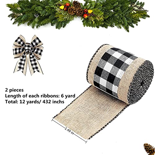 2 Rolls 12 Yards Buffalo Plaid Ribbons Burlap Wired Edge Plaid Ribbons 1.5 Inch Wide Check Gingham Fabric Craft Ribbon For Gift Wrapping Diy Bows Decoration Home Party Decor #TOP1