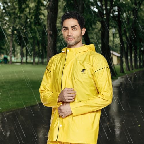 Image of Amazon Brand - Symactive PVC Raincoat with Hood for Men | Waterproof Jacket & Pants Set | Seam-Sealed | Snap Button Sleeves | Size XL | Yellow