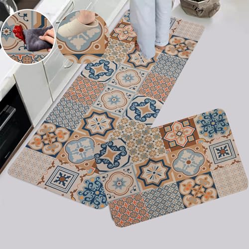 Image of HomeCloud Rubber Kitchen Mats for Floor Set of 2 Pcs | Non-Skid, Soft Absorbent Rugs for Kitchen, Laundry, and Hallway | 120x40cm, 40x60cm| 4mm Thickness, Beige Blue Multi, Rectangular