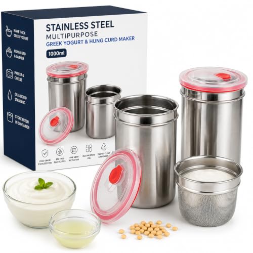 Image of Walfos Stainless Steel Multipurpose Greek Yogurt & Hung Curd Maker 1000ml | BPA-Free Steel Strainer with Storage Container | Fine Mesh Filter for Homemade Yogurt, Paneer & Cheese