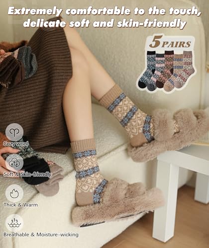 Image of IIG 5 Pairs Women's Vintage Style Thick Wool Warm Winter Crew Socks