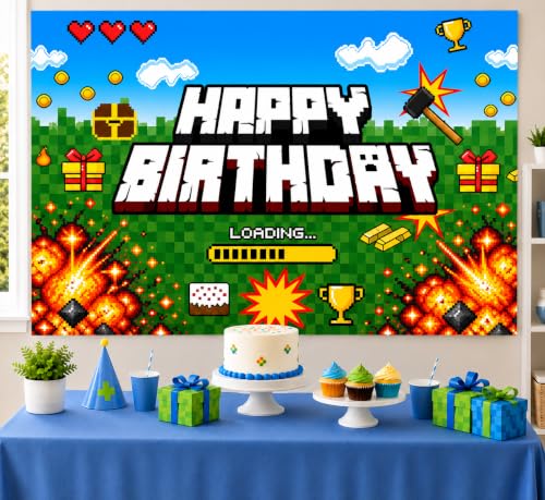 Image of Happy Birthday Banner Boy 5x3ft Birthday Sign Village Gaming Birthday Party Decorations Videogame Themed Banner Video Game Decorations Video Game Happy Birthday Backdrop for Boys