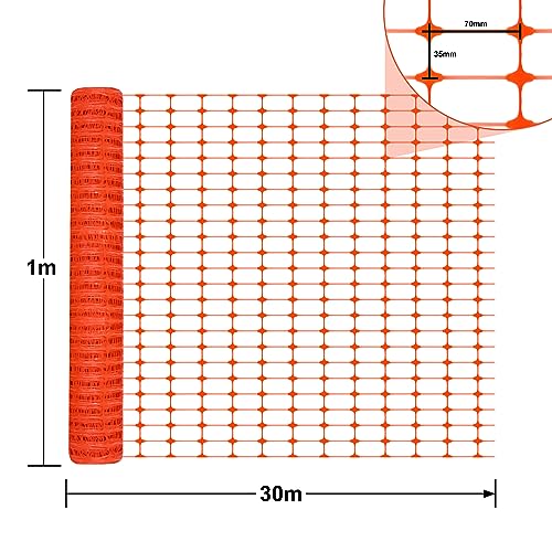 HENGMEI 1x30m Absperrzaun Bauzaun Begrenzungszaun, Nutztierzäune 100 cm hoch Schutznetz aus Kunststoff Geschnitten Werden Mobiler Zaun Hühnerzaun Geflügelzaun für Geflügelgehege Warnnetz, Orange