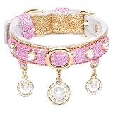 PetsHome Cat Collar, Dog Collar, Bling PU Leather Adjustable Pet Collar with Cute Pearls and Luxury Pendant for Cat and Small Dog Extra Small Gold
