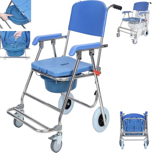 yoakaiax Chaise percée de douche avec 4 roues verrouillables, chaise percée de chevet pliable 3 en 1 avec roulettes, chaise percée pour toilettes avec dossier et repose-pieds, pour personnes âgées et