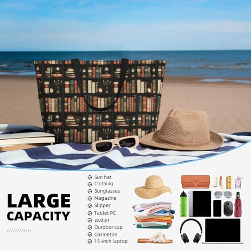 Large Beach Bags for Women Sandproof - Retro Bookshelf Print Summer Work Travel Tote Bags with Zipper4