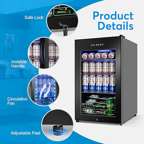 Image of Beverage Refrigerator 17 inch Wide - 126 Can Beverage Cooler with Glass Door | Counter-Top /Freestanding Mini Beverage Beer Fridge | Temperature Memory | Invisible Door | Perfect for Soda,Beer