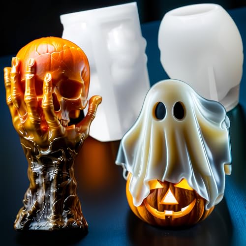 2Pack Halloween Skull Silicone Molds Ghost Pumpkin Candle Molds 3D Ghost Skull Silicone Molds Halloween Resin Molds for DIY Epoxy Resin Casting Handmade Aromatherapy Candle Wax Soap Art Crafts Decor