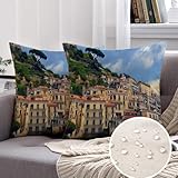 Pack of 2 Waterproof Throw Pillow Cover Colorful Architecture Old Italian Town On Mountain Amalfi Parks Beautiful Campania City Cliff View Cushion Case Cotton Linen for Sofa Couch, 20 x 20 Inches