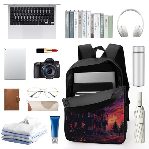 Black Haunted House Backpack 17 Inch Laptop Backpack Water Resistant Bookbag Large Capacity Travel Bag3