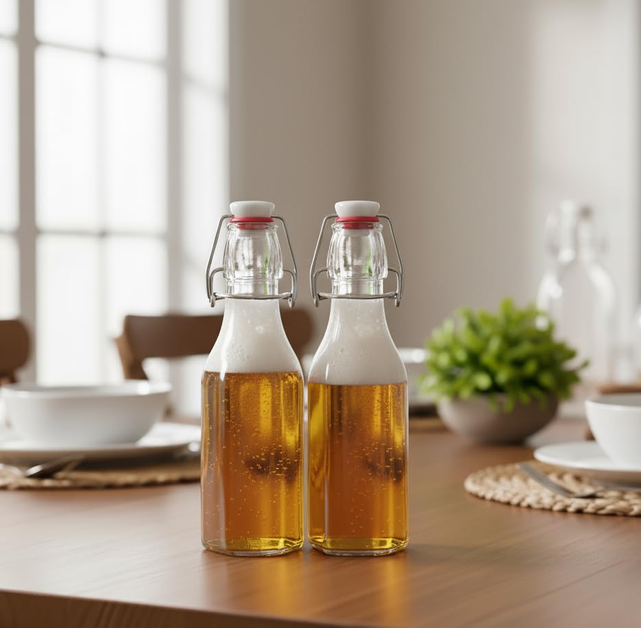 Image of Clear Glass Bottles with Airtight Swing Top Lids - Leakproof Reusable Glass Jars for Juice, Oil, Water, Milk, Kombucha, Vinegar, Beverages - Square, Pack of 6