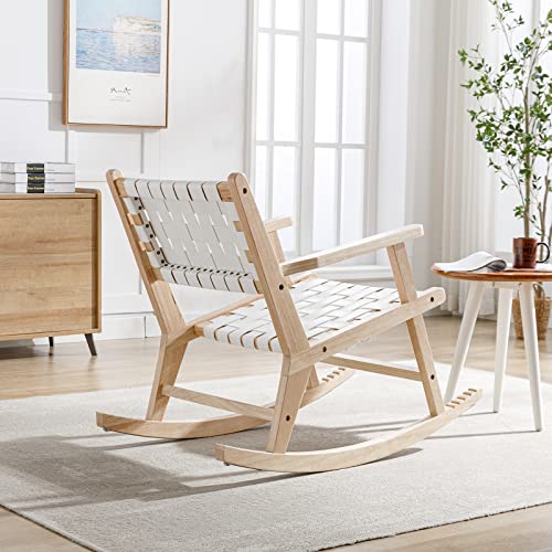 Lzareal Woven Rocking Glider Chair For Relax, Rocker Chair For Living Room/Bedroom/Balcony, Modern Solid Swivel Patio Chairs Wood Side Rocker Chair With Faux Leather Straps, White #TOP6