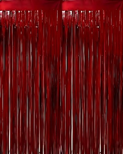Burgundy Foil Curtain Backdrop 2 Pack 3.3 * 8.21ft Metallic Tinsel Foil Fringe Curtains Photo Booth Props for Birthday Wedding Engagement Baby Shower Bachelorette Christmas Holiday Celebration