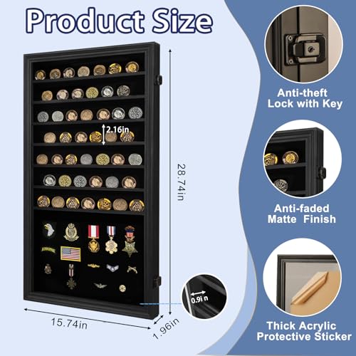 Image of Jinchuan Military Challenge Coin Display Case Lockable Cabinet Holder Shadow Box with Removable 2 Grooves Shelves and Anti Fade Acrylic Glass for Casino Poker Chips Collectibles, Extra Large - Black