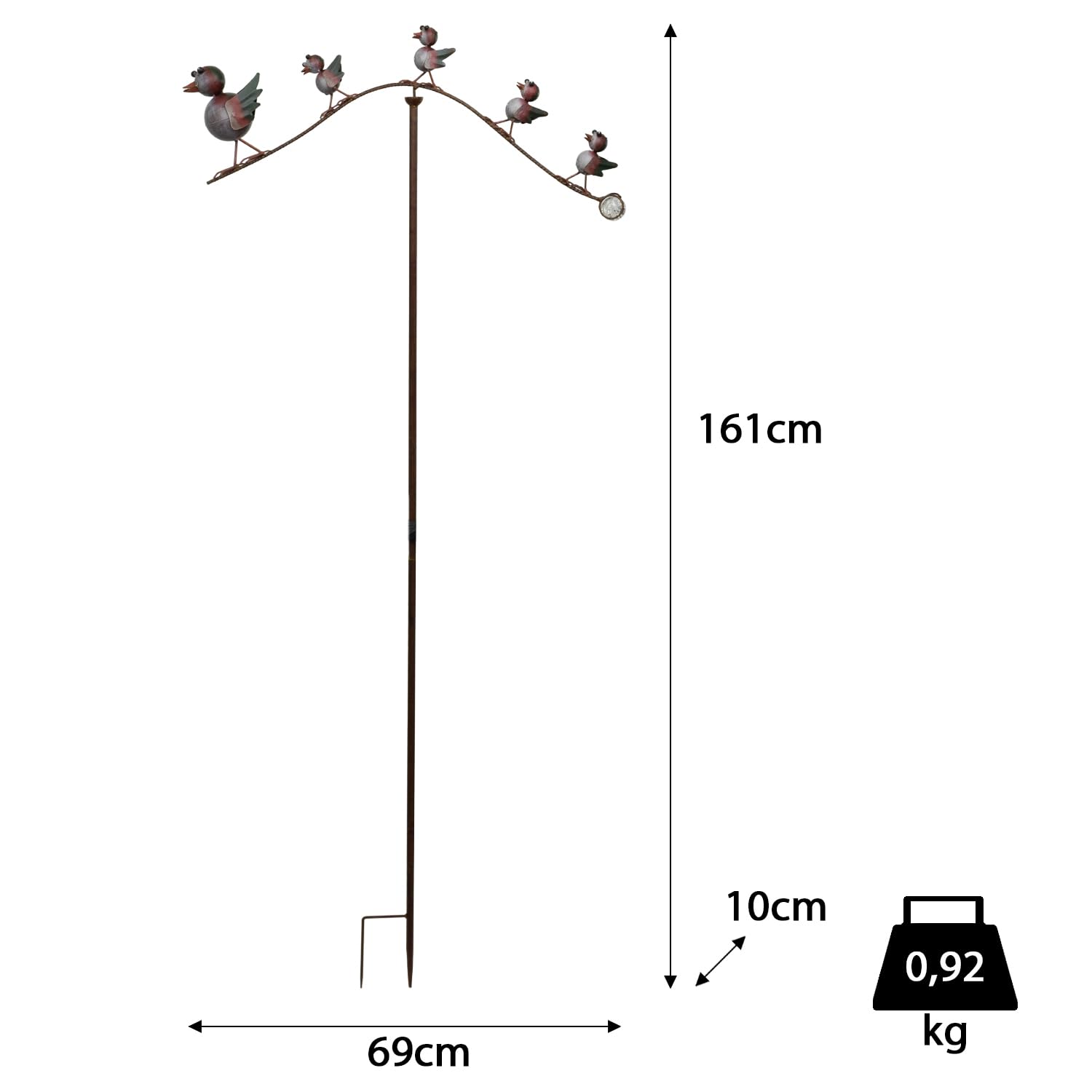 Metalowa ozdoba ogrodowa, ptaki na gałęzi, ze szklaną kulą, wysokość 161 cm, dekoracja ogrodowa, ptak, figurka ogrodowa, o wyglądzie rdzy, dekoracyjna wtyczka, metalowa figurka do ogrodu, na balkon