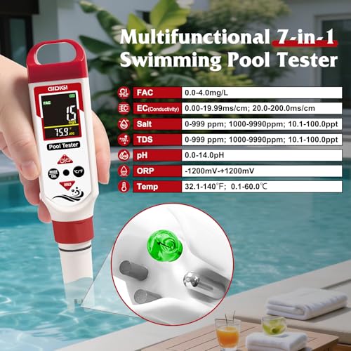 Image of Digital Chlorine Tester Pool Salinity Meter, Hot Tub Chlorine Meter | 7-in-1 pH Meter Test FAC pH Salt ORP TDS EC, AAA Battery,ATC, Pool Tester pH Tester for Drinking Water Quality Chlorine Level