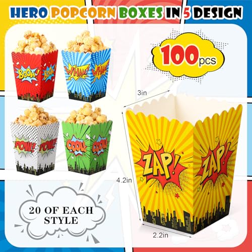 Image of MotiMind 100 Pcs Hero Popcorn Mini Box Hero Popcorn Containers Bulk Snack Treat Buckets Snack Candy Box for Movie Night Birthday Party Supplies