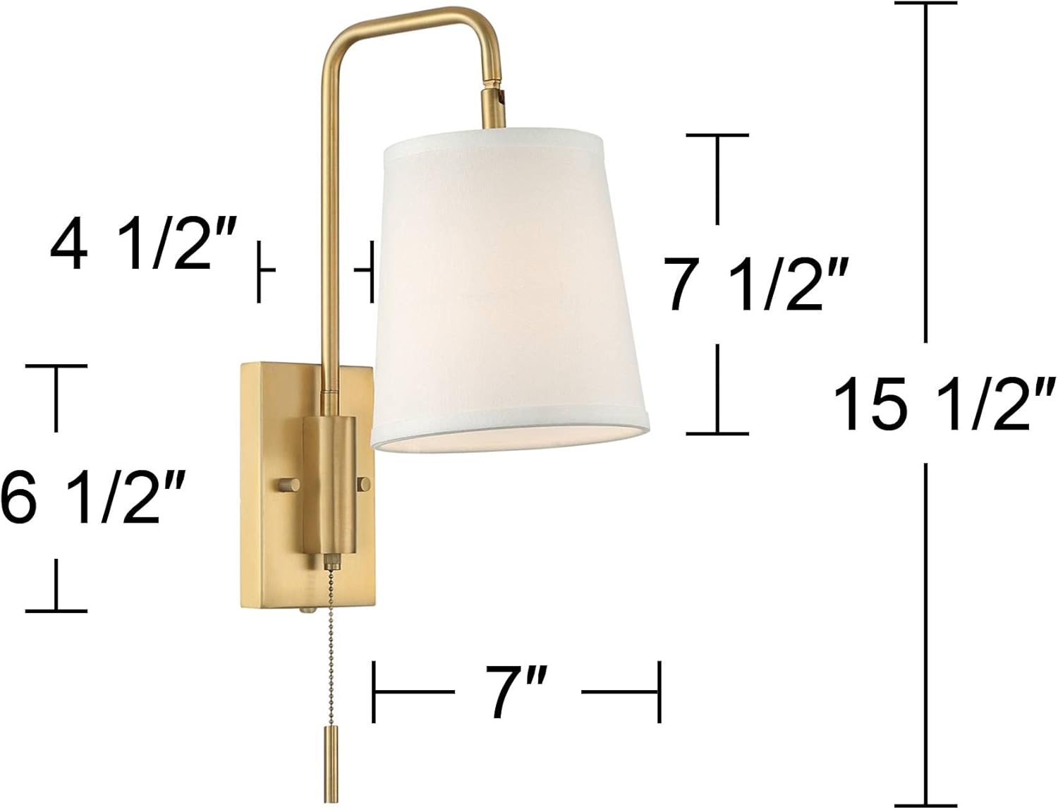 Diagram showing the dimensions of the 360 Lighting Luca Modern Swing Arm Wall Lamp, including height, width, and shade measurements.