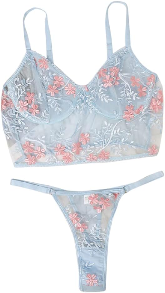The Crafty Owl Mesh Transparent Blue Lace Stitching Floral Bra and Gstring Set. Perfect for Weddings/Valentines
