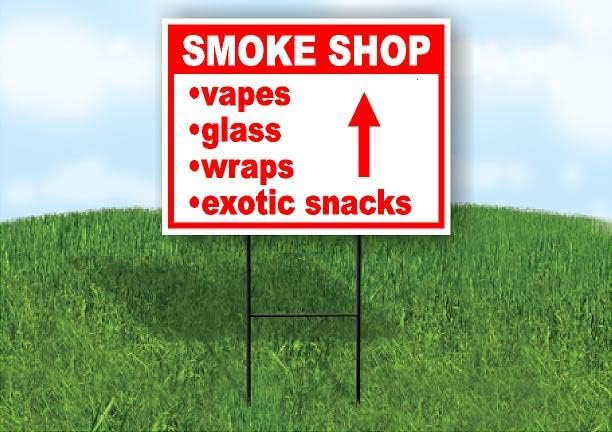 SMOKE SHOP vapes glass wraps exóticos snacks up arrow red 18 in x 24 in Yard Sign Road Sign con soporte, de una sola cara