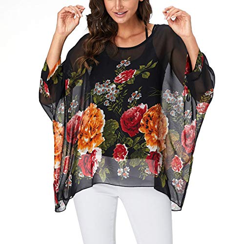 Image of Ckikiou Plus Size Batwing Flowy Semi Sheer Chiffon Blouse Tunic for Women Summer Floral Print Boho Beach Cover ups