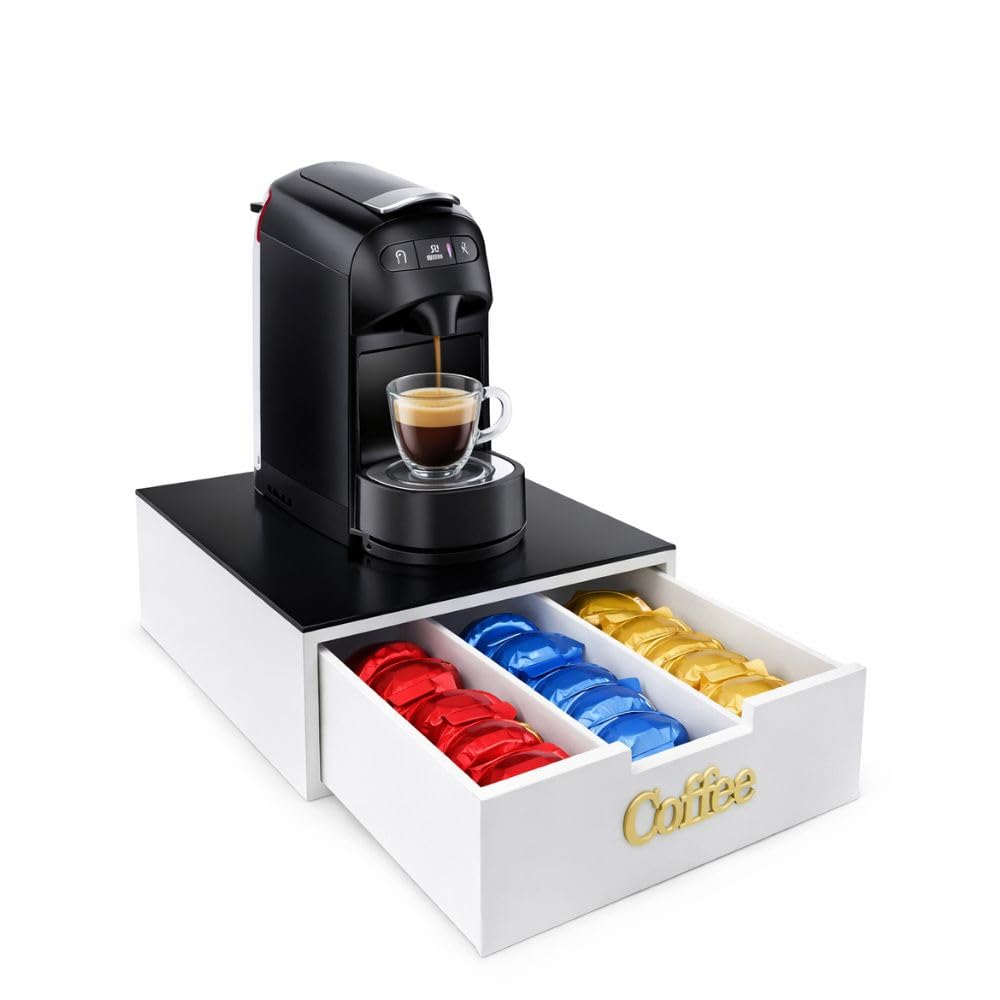 Porta Capsule e Cialde Caffè in Bambù e Vetro Nero – Cassetto 3 Scomparti Organizer Capsule e Cialde (scritta nera)