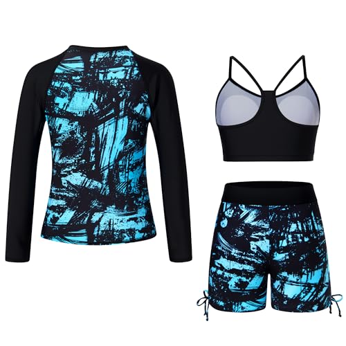 Image of Funnycokid Girls Swimsuit 3 Pieces Zip Rash Guard Bathing Suits Set Kids Bikini Boyshort Summer Swimwear 3-14 Years