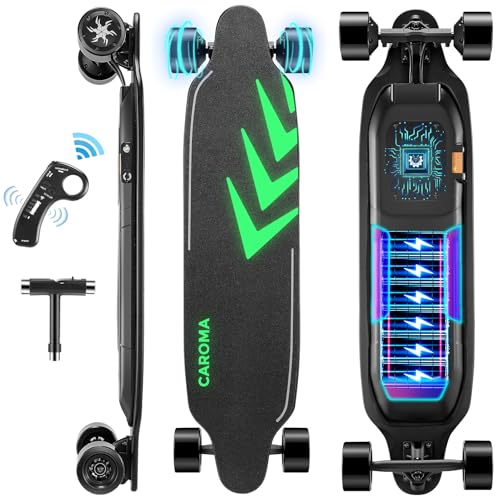 Caroma Electric Skateboards with Remote and Luminous,28Mph Top Speed,1200W Motor,28Miles Max Range,4 Speed Mode,6Ah Battery,7 Layers Maple Electric Longboard for Adult＆Beginner,Campus Commuting