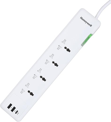 Honeywell Surge Protector/Spike Guard/Extension Board, Master Switch, 4 Universal Sockets, 2USB, 1TypeC, 12000Amp, 1.5Mtr Cord, Device Secure…