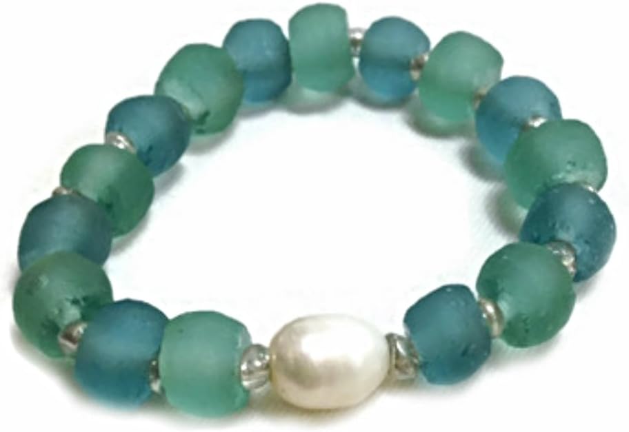 Multi-colored Blue Beach Glass with Pearl Hawaiian Bracelet