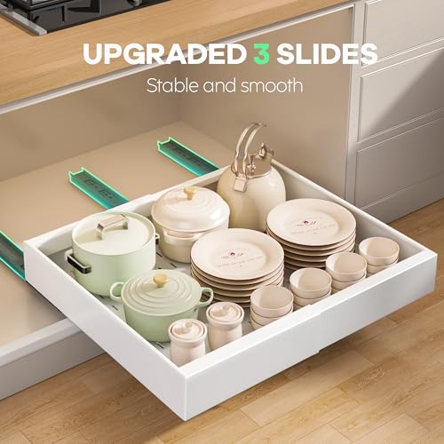 Seinloes 2Pack Pull out Cabinet Organizer 21"Deep with 4 Adjustable Dividers,Expandable(12.1"-20.4"W) Pots and Pans Organizer Under Cabinet with Raising Pad for Framed Cabinets,Slide out Drawers,White by Seinloes - Used condition - Image 7