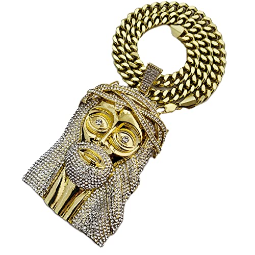 Iced Gold Plated Simulated Diamond Jumbo Size Jesus Head Pendant & 10mm 18